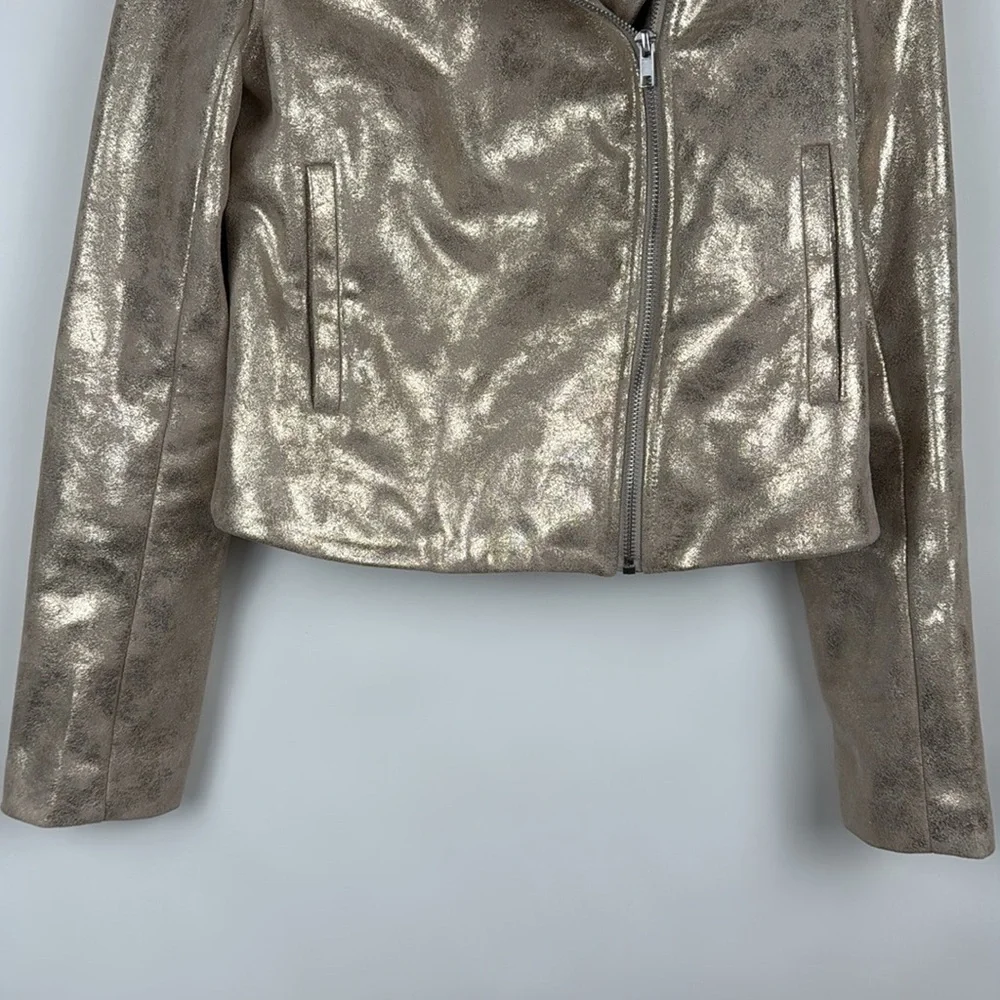 Sunset+Spring Gold Metallic Faux Leather Biker Jacket Size XS - Picture 3 of 10